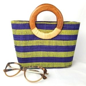 Vintage Green & Blue Striped Straw Mini Purse